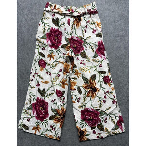 Joie Pants Womens 4 Pink White Floral Linen Blend Wide Leg Paperbag Waist Crop